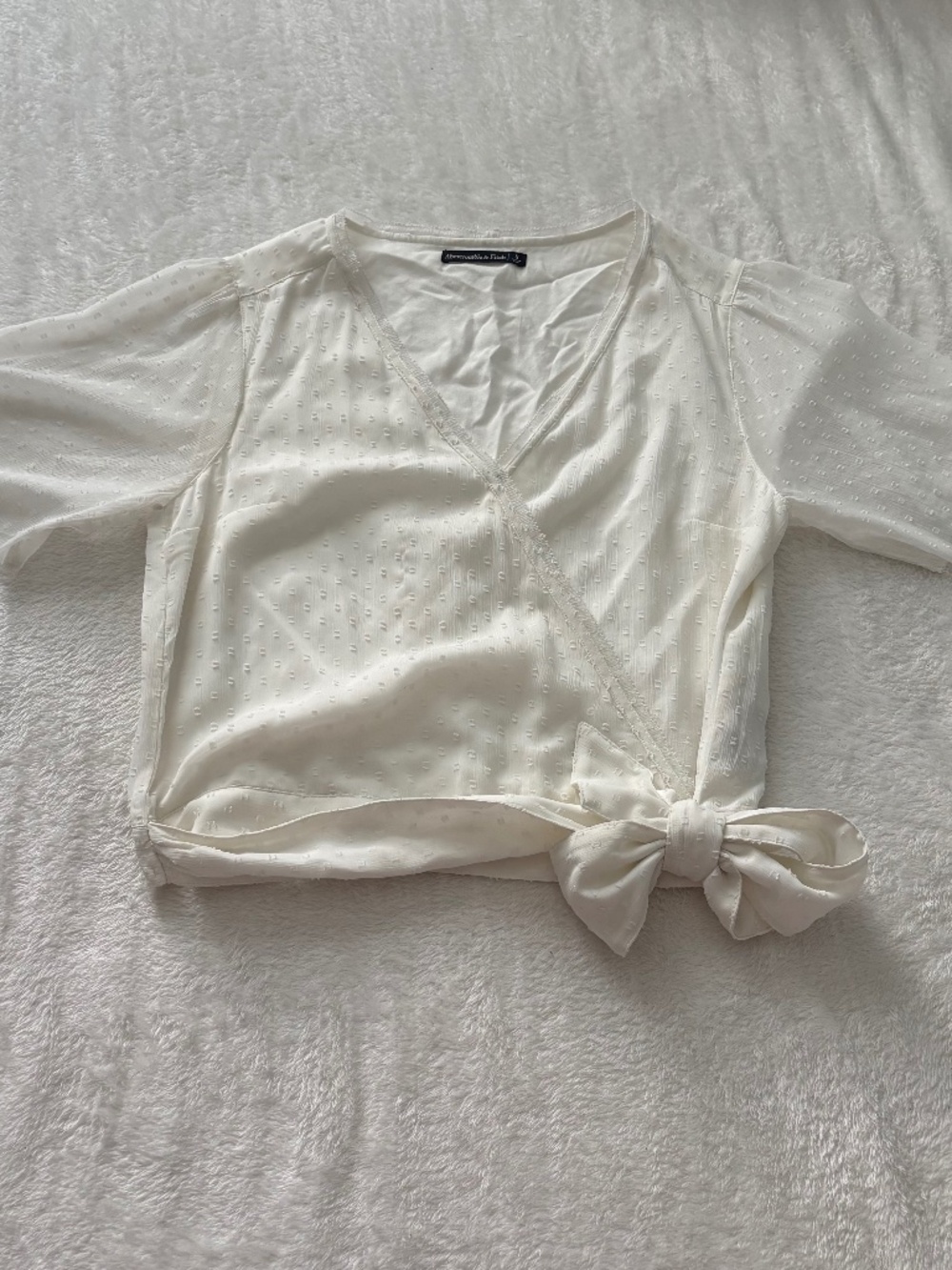 Abercrombie and Fitch White Textured Polka Dotted Tie Blouse